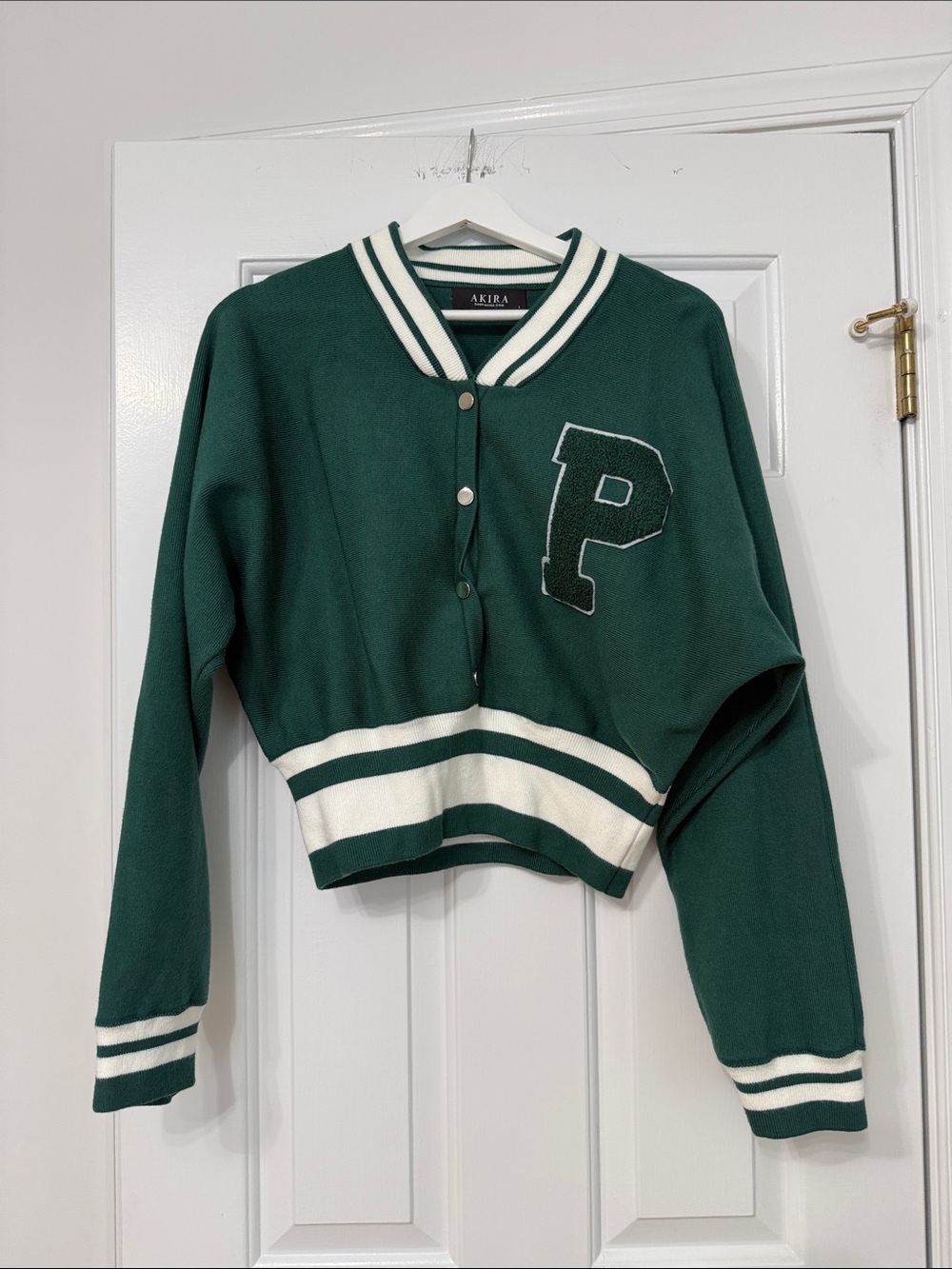 AKIRA Forest Green Cropped Letterman Jacket with White Trim